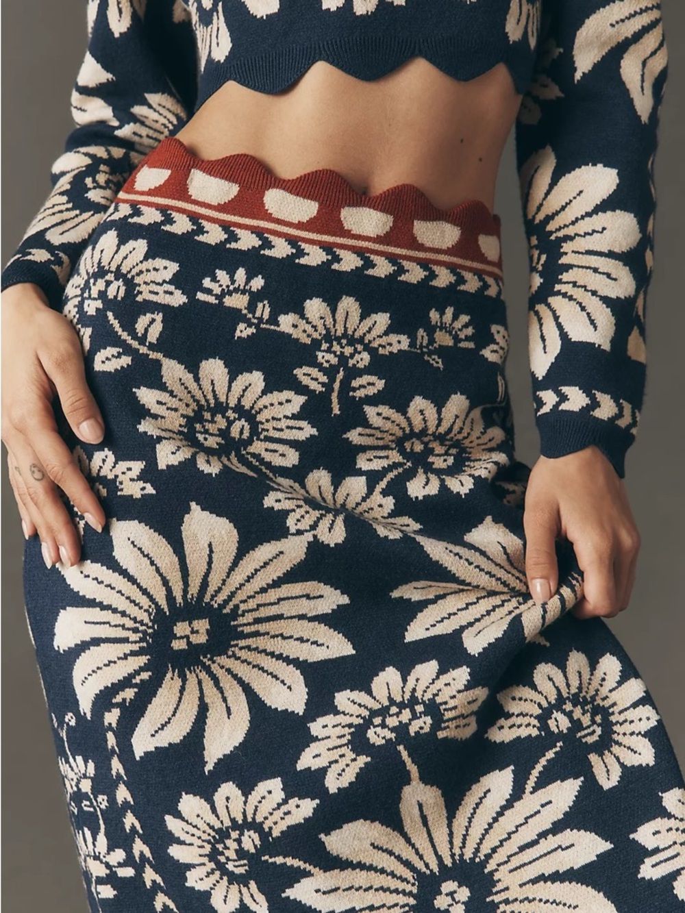 FARM Rio Luna Floral Knit Pencil Skirt Navy Cream Red Scalloped Trim Medium NWT - Picture 7 of 13